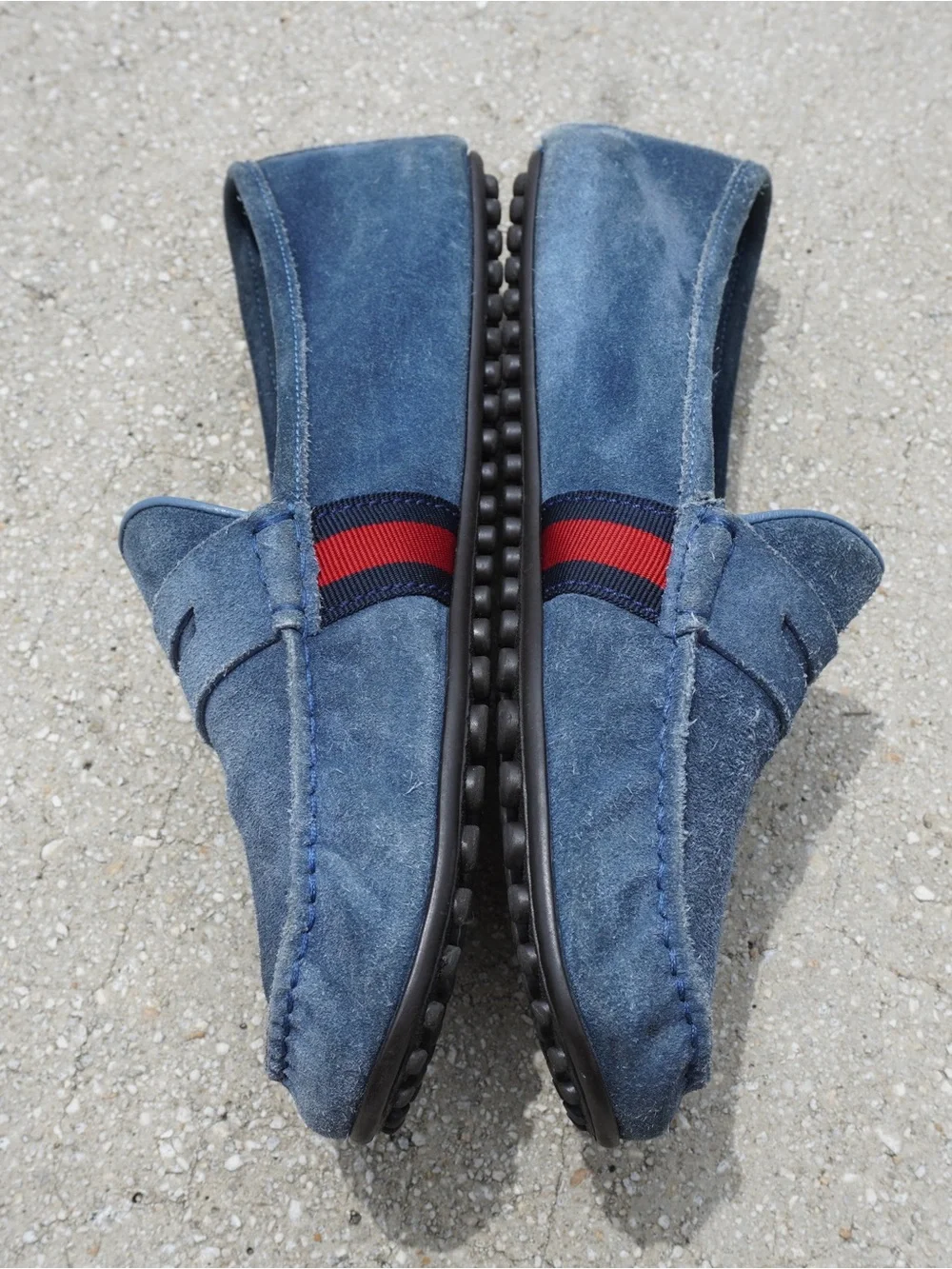 Gucci Men's Blue Suede Loafers with Red Web Stripe